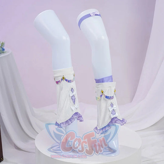 Genshin Impact Citlali Whispers of Stars and Smoke cosplay costume sock covers layer white fabric beside purple ruffles.