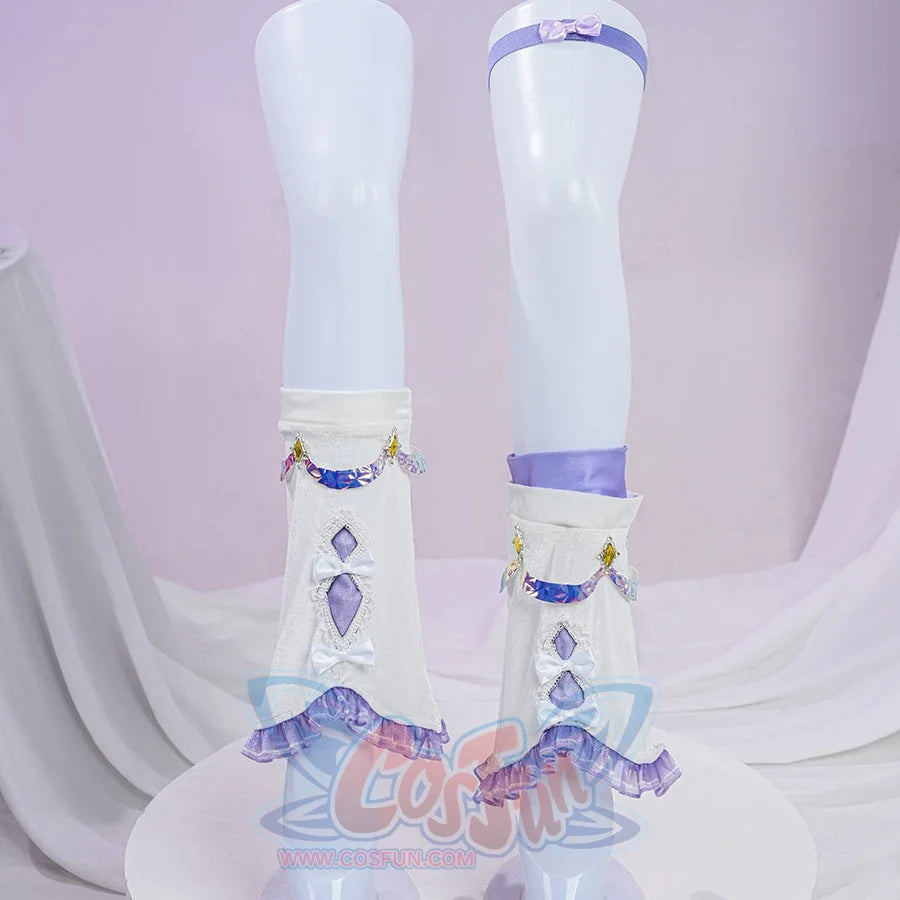 Genshin Impact Citlali Whispers of Stars and Smoke cosplay costume sock covers present purple ruffles and mini bows.