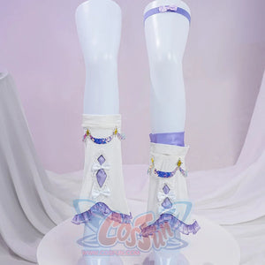 Genshin Impact Citlali Whispers of Stars and Smoke cosplay costume sock covers present purple ruffles and mini bows.