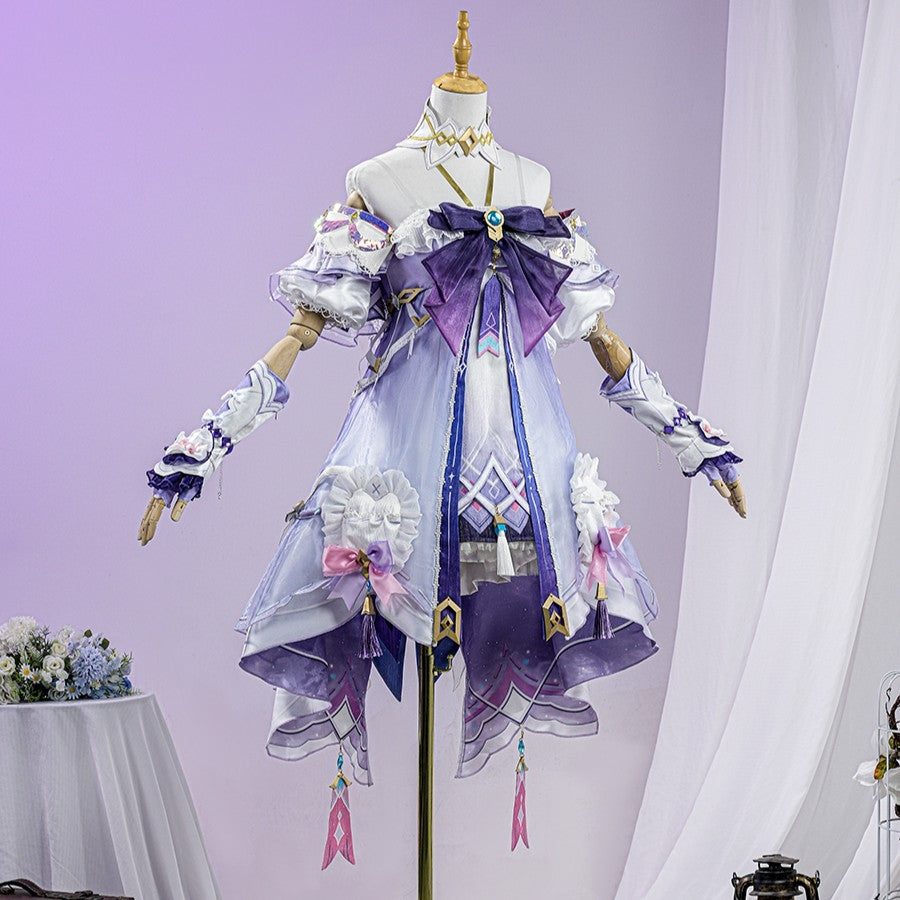 Genshin Impact Citlali Whispers of Stars and Smoke cosplay costume centers a purple tiered dress beneath elaborate bows.