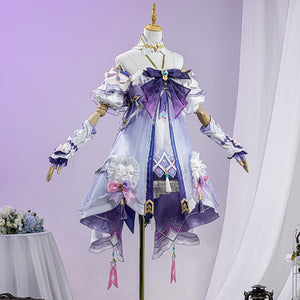 Genshin Impact Citlali Whispers of Stars and Smoke cosplay costume centers a purple tiered dress beneath elaborate bows.