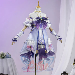 Genshin Impact Citlali Whispers of Stars and Smoke cosplay costume centers a purple tiered dress beneath elaborate bows.