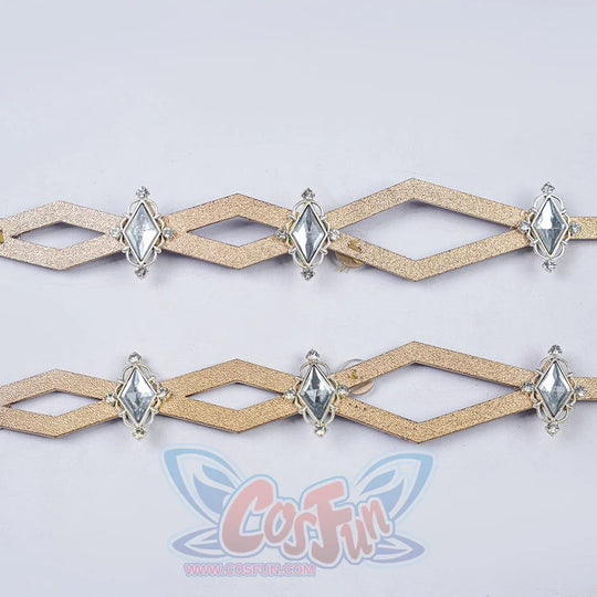 Genshin Impact Citlali Whispers of Stars and Smoke cosplay costume centers twin gold-tone waist bands beside purple details.