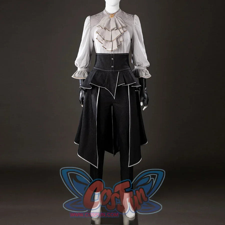 Angled front view of Maelle cosplay costume from Clair Obscur Expedition 33 with gray blouse, black apron, and white trim