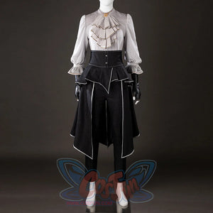 Angled front view of Maelle cosplay costume from Clair Obscur Expedition 33 with gray blouse, black apron, and white trim