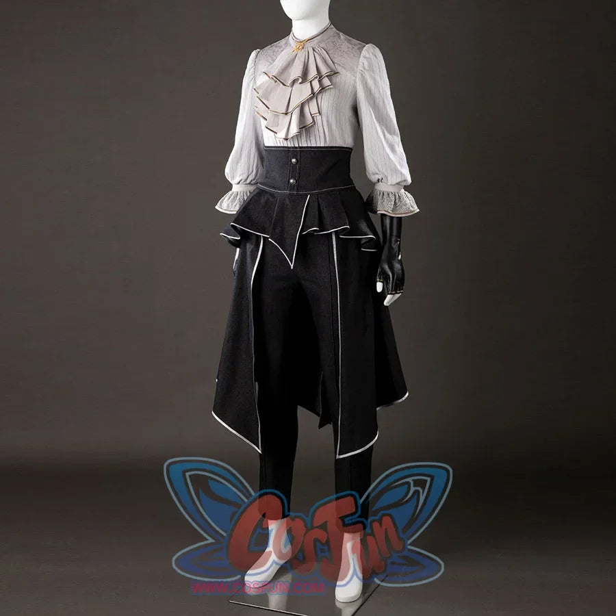 Front angled view of Maelle cosplay costume from Clair Obscur Expedition 33 with gray ruffle top, black apron, and gloves