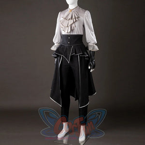 Front angled view of Maelle cosplay costume from Clair Obscur Expedition 33 with gray ruffle top, black apron, and gloves