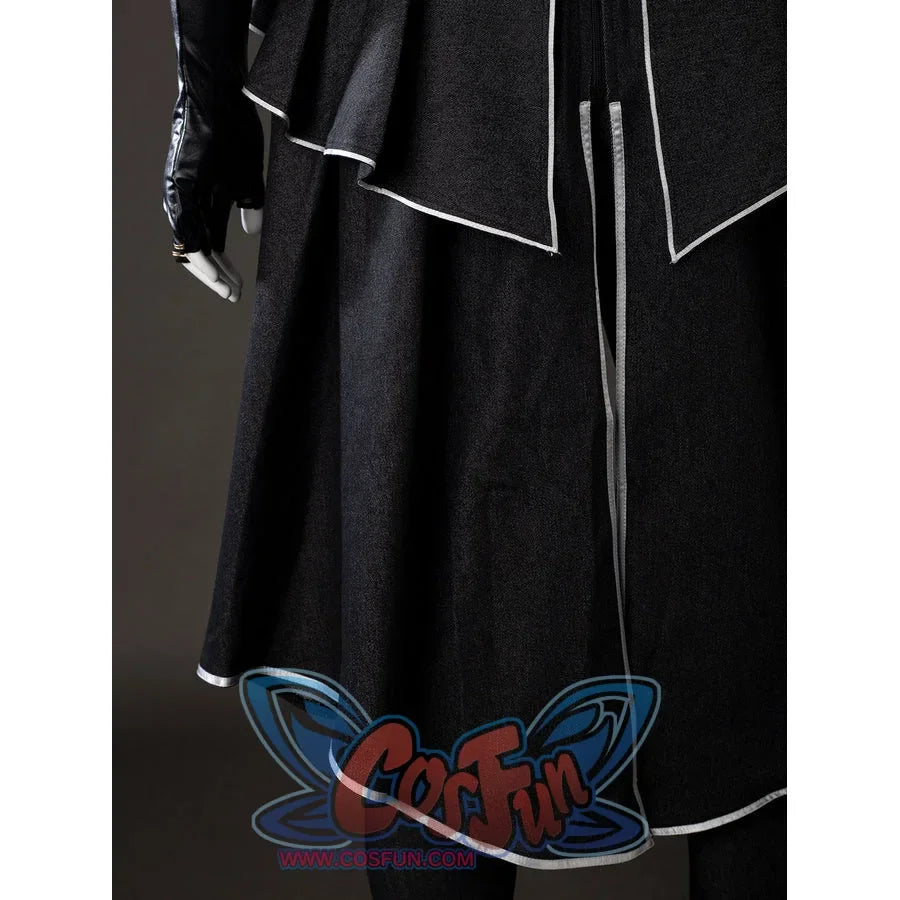 Lower apron close-up of Maelle cosplay costume from Clair Obscur Expedition 33 with black panels, white trim, and glove