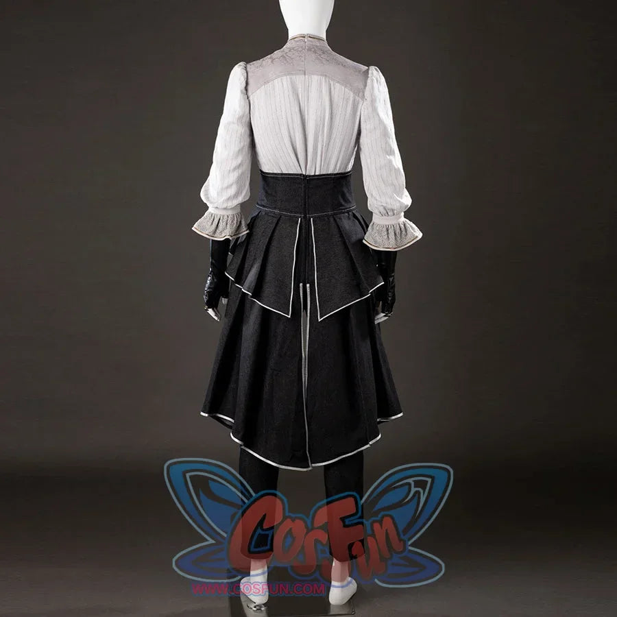 Back angled view of Maelle cosplay costume from Clair Obscur Expedition 33 with gray blouse, black apron, and white piping