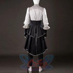 Back angled view of Maelle cosplay costume from Clair Obscur Expedition 33 with gray blouse, black apron, and white piping