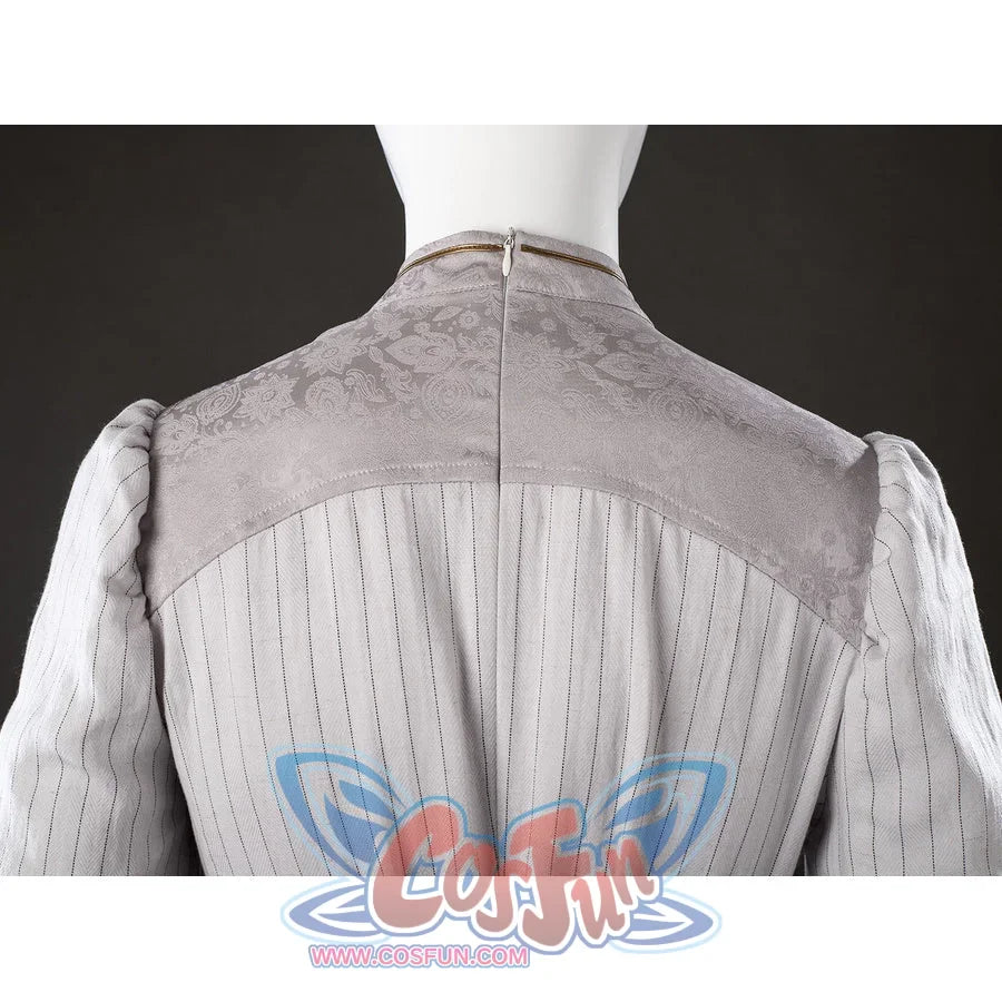 Back neckline view of Maelle cosplay costume from Clair Obscur Expedition 33 with patterned gray yoke and center seam