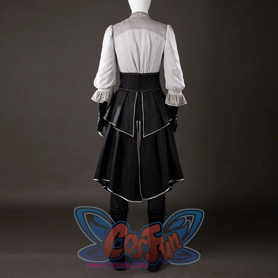 Back view of Maelle cosplay costume from Clair Obscur Expedition 33 with gray blouse, black apron, white trim, and gloves
