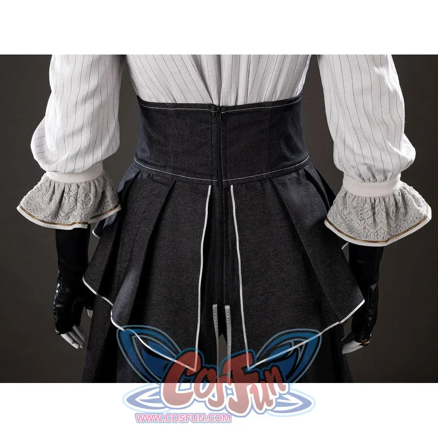 Back waist close-up of Maelle cosplay costume from Clair Obscur Expedition 33 with black apron, zipper, and white piping