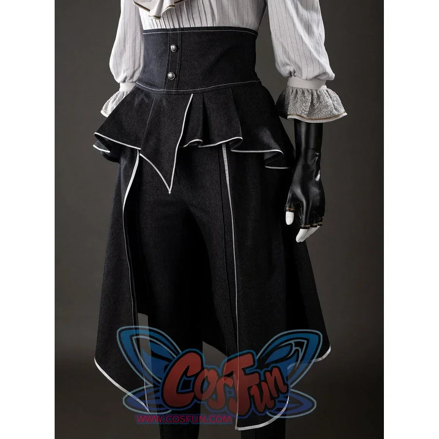 Front waist view of Maelle cosplay costume from Clair Obscur Expedition 33 with black apron, buttons, and white trim