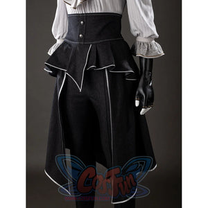 Front waist view of Maelle cosplay costume from Clair Obscur Expedition 33 with black apron, buttons, and white trim