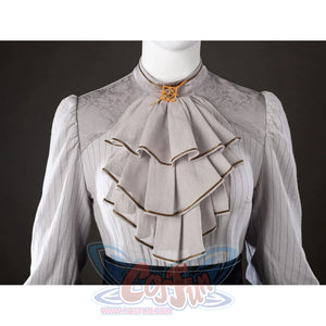 Close-up of Maelle cosplay costume from Clair Obscur Expedition 33 showing gray ruffle blouse and gold neck badge