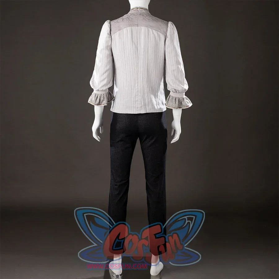 Back view of Maelle cosplay costume from Clair Obscur Expedition 33 showing gray blouse, black pants, and sleeve cuffs