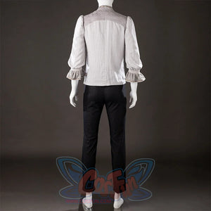 Back view of Maelle cosplay costume from Clair Obscur Expedition 33 showing gray blouse, black pants, and sleeve cuffs