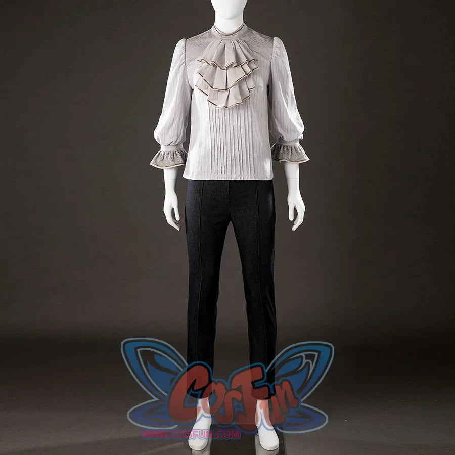 Front view of Maelle cosplay costume from Clair Obscur Expedition 33 showing gray ruffle blouse and black pants