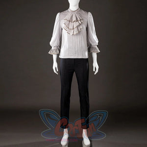 Front view of Maelle cosplay costume from Clair Obscur Expedition 33 showing gray ruffle blouse and black pants