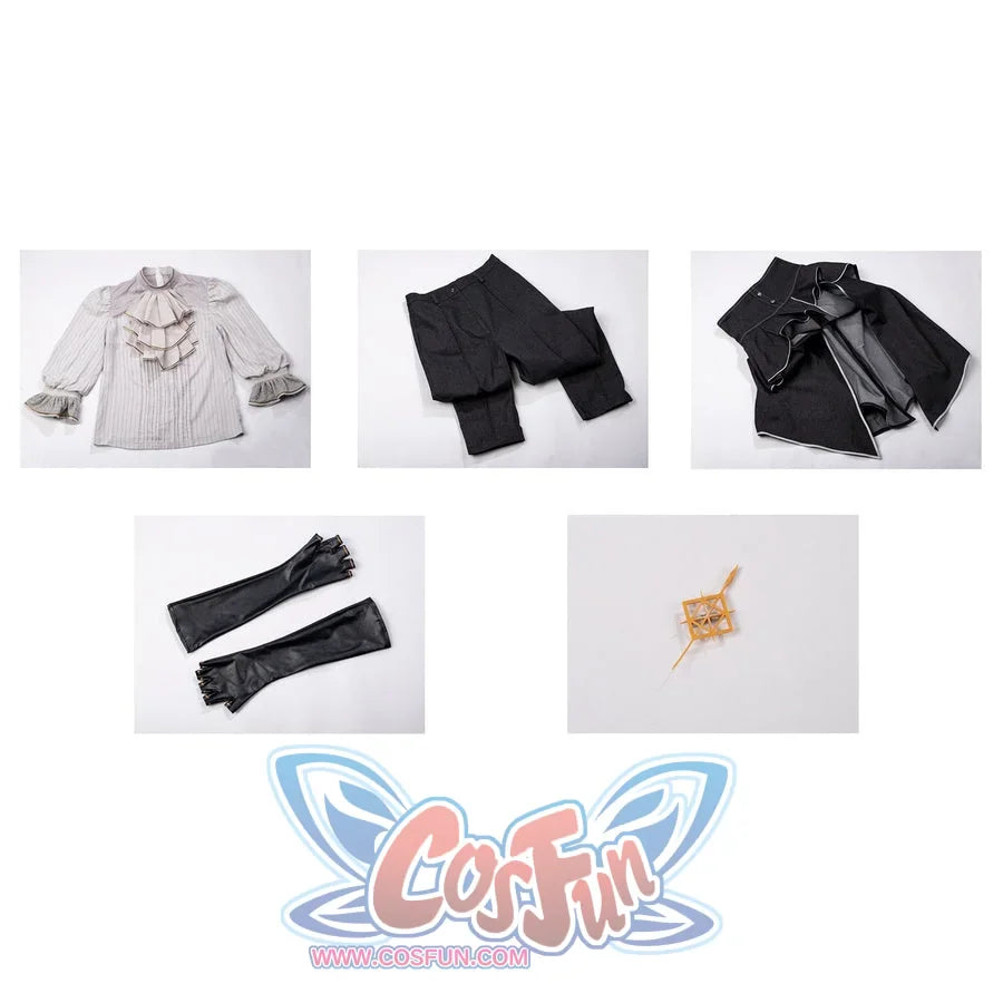 Flat lay of Maelle cosplay costume from Clair Obscur Expedition 33 with blouse, pants, apron, gloves, and badge set