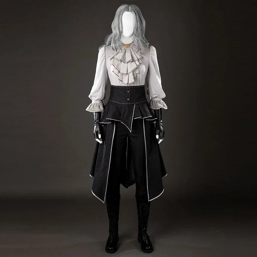 Front view of Maelle cosplay costume from Clair Obscur Expedition 33 with gray ruffle blouse, black apron, and gloves