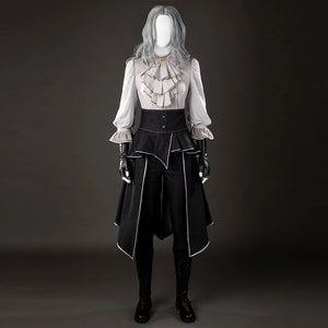 Front view of Maelle cosplay costume from Clair Obscur Expedition 33 with gray ruffle blouse, black apron, and gloves