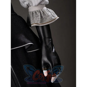 Close-up of Maelle cosplay costume from Clair Obscur Expedition 33 with black glove, gray cuff, and white lace edge