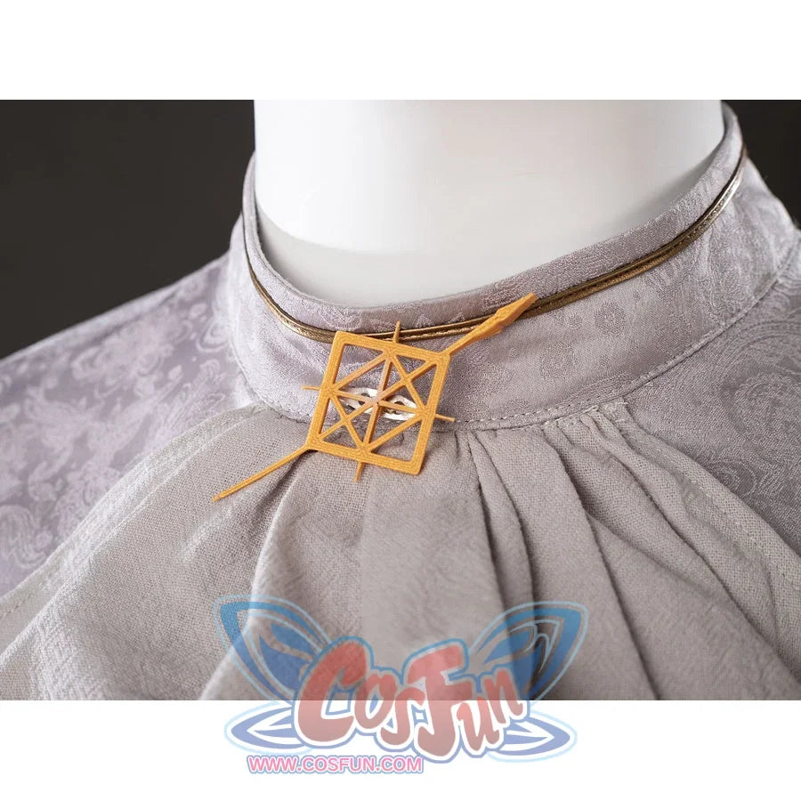 Neck detail of Maelle cosplay costume from Clair Obscur Expedition 33 showing gold geometric badge and gray collar
