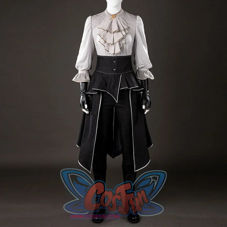 Front mannequin view of Maelle cosplay costume from Clair Obscur Expedition 33 with layered gray top, black apron, and gloves