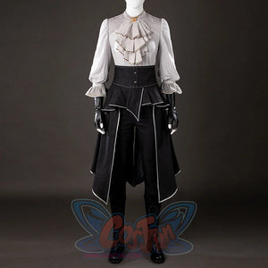 Front mannequin view of Maelle cosplay costume from Clair Obscur Expedition 33 with layered gray top, black apron, and gloves
