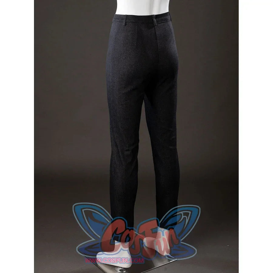 Back view of Maelle cosplay costume from Clair Obscur Expedition 33 black pants with fitted legs and rear seam