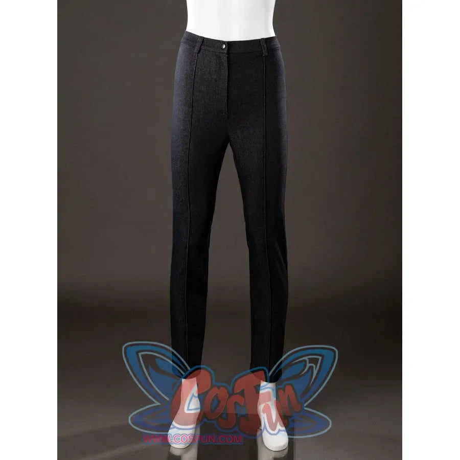 Front view of Maelle cosplay costume from Clair Obscur Expedition 33 black pants with slim legs and high waist