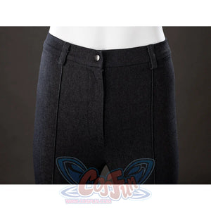Waist close-up of Maelle cosplay costume from Clair Obscur Expedition 33 black pants with front button and belt loops