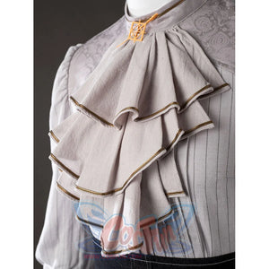 Close-up of Maelle cosplay costume from Clair Obscur Expedition 33 with layered gray ruffles, piping, and pleated blouse