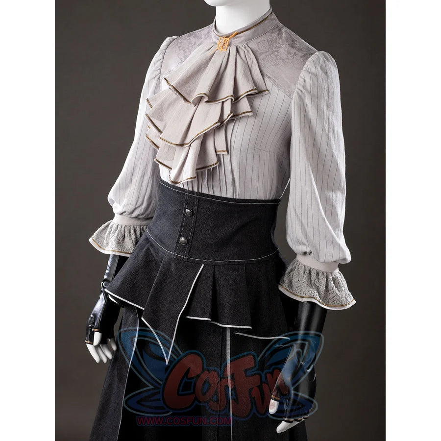 Upper front view of Maelle cosplay costume from Clair Obscur Expedition 33 with ruffle blouse, black waist apron, and glove