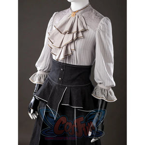 Upper front view of Maelle cosplay costume from Clair Obscur Expedition 33 with ruffle blouse, black waist apron, and glove