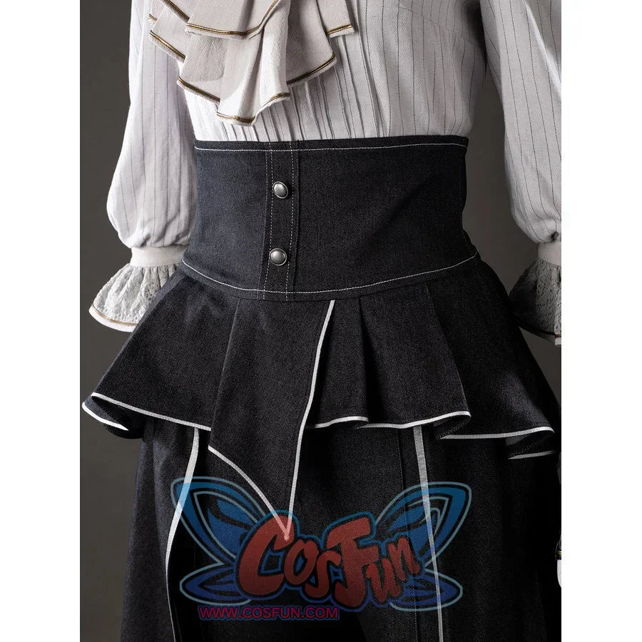 Close-up of Maelle cosplay costume from Clair Obscur Expedition 33 showing black high waist apron, buttons, and white piping