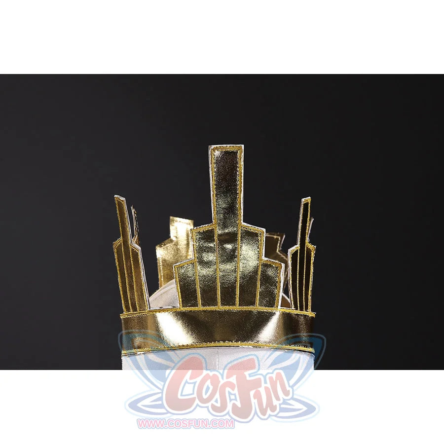 Clair Obscur Expedition 33 Maelle cosplay dress centers gold-tone metallic headpiece detail.