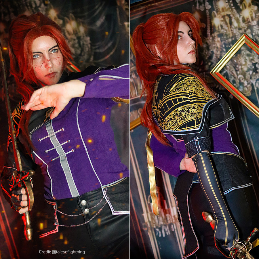 Clair Obscur: Expedition 33 Maelle cosplay costume collage contrasts the purple front panel with ornate shoulder trim.