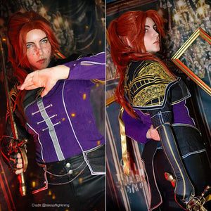 Clair Obscur: Expedition 33 Maelle cosplay costume collage contrasts the purple front panel with ornate shoulder trim.