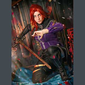 Clair Obscur: Expedition 33 Maelle cosplay costume kneeling pose sets the purple top above strapped black pants.