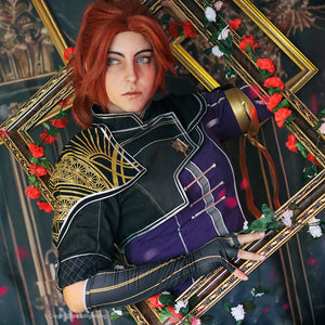 Clair Obscur: Expedition 33 Maelle cosplay costume close-up frames the purple top beneath ornate shoulder panels.