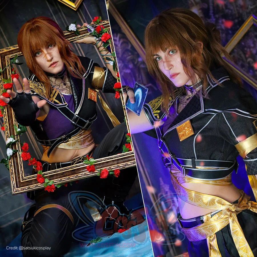 Clair Obscur: Expedition 33 Sciel cosplay costume collage highlights the cropped jacket and patterned waist sash.