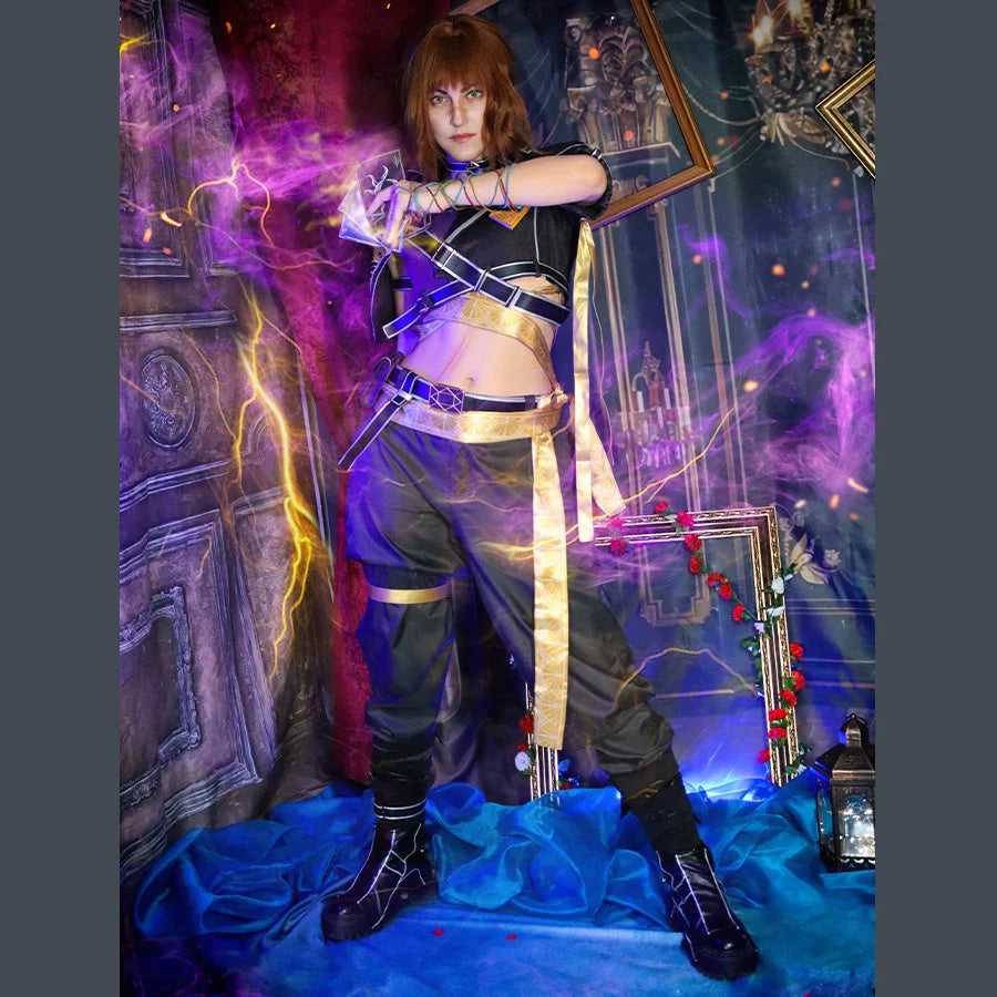 COSFUN Clair Obscur: Expedition 33 Sciel cosplay costume pairs black cropped layers with yellow patterned sashes.