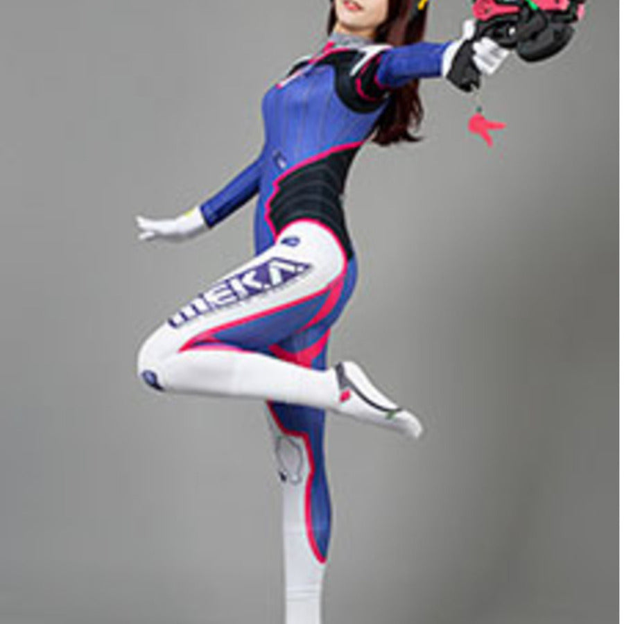COSFUN D.Va Hana Song Overwatch cosplay jumpsuit pairs printed bodysuit with gloves and charm weapon.