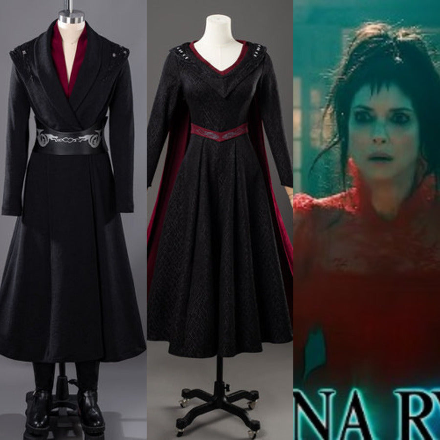 COSFUN Rhaenyra cosplay long black coat pairs a deep red inner panel and embroidered belt.