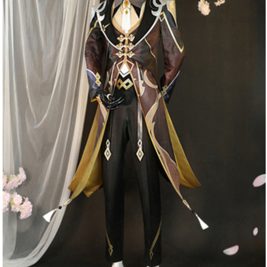 COSFUN Zhongli Genshin Impact cosplay coat layers gold tassels over a patterned vest paired with black gloves.