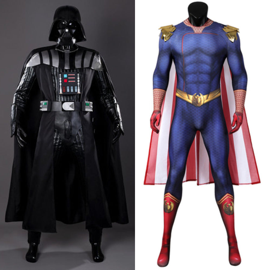 COSFUN Anakin Darth Vader Homelander cosplay costume sets black armor beside blue bodysuit suit.