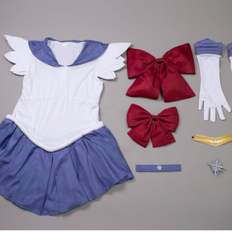 Sailor Saturn Hotaru Tomoe cosplay dress anchors red bows at the chest beside a star choker and gold tiara.